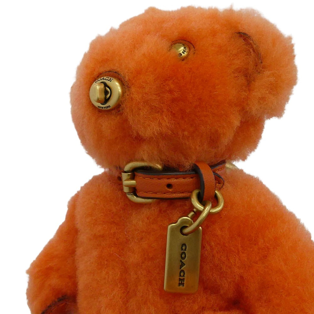 COACH コーチ 熊 ベア シグネチャーシアリング バッグチャーム レザー 革 ロゴ キーリング キーホルダー オレンジ系【美品】【中古】