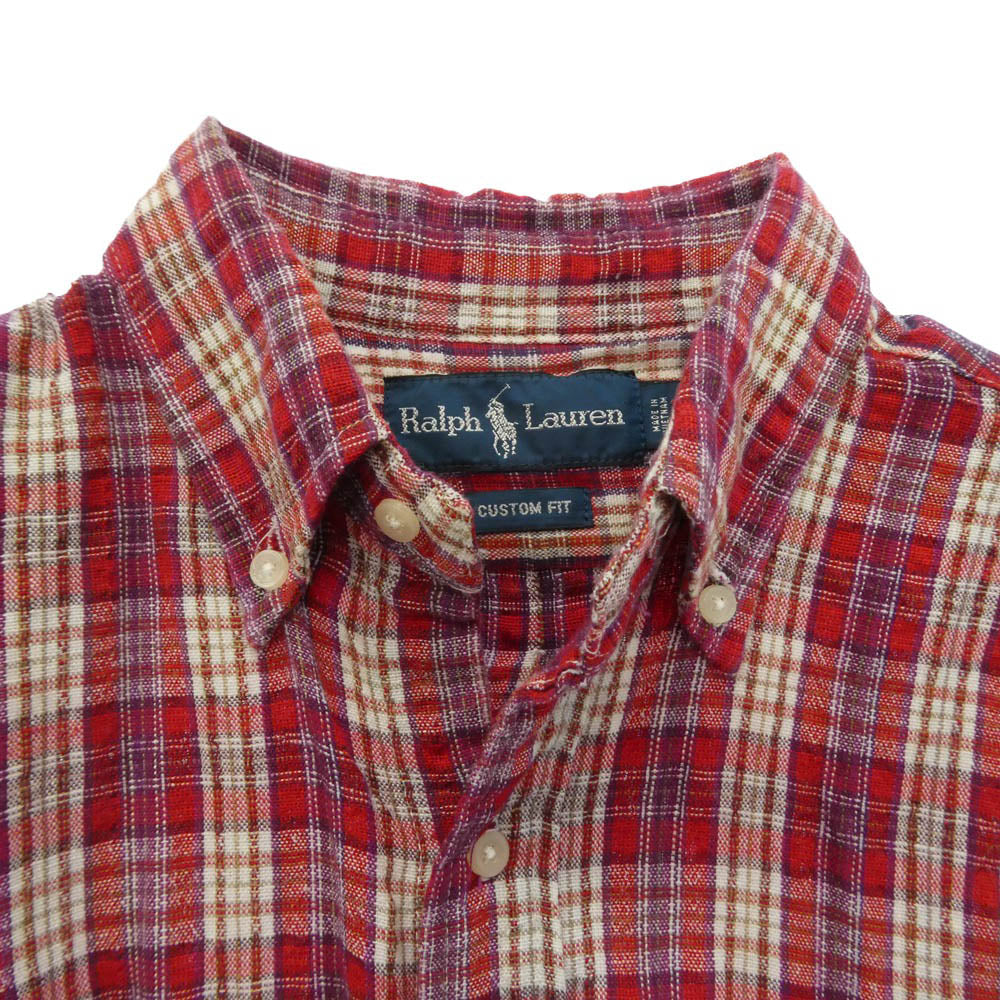 RALPH LAUREN ラルフローレン チェック 刺繍 半袖 シャツ レッド系 S【中古】