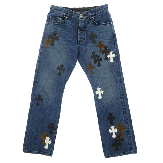 CHROME HEARTS クロムハーツ（原本無） JEAN STRTLG FBRC レザーセメタリークロスパッチ デニムパンツ インディゴブルー系 32【美品】【中古】