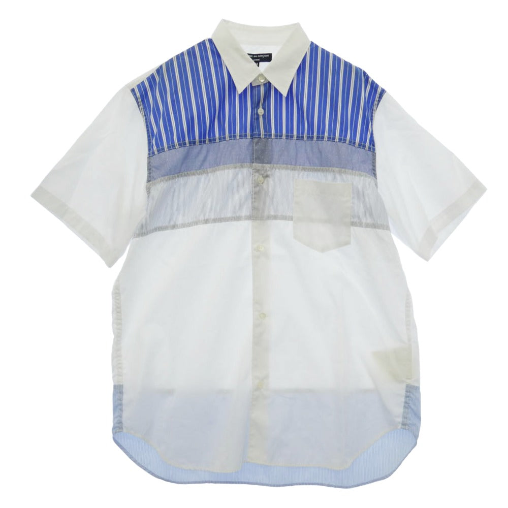 COMME des GARCONS HOMME コムデギャルソンオム 23AW HK-B023 パッチワーク切替 ストライプ ショートスリーブ コットン 半袖 シャツ ホワイト系 ブルー系 M【中古】