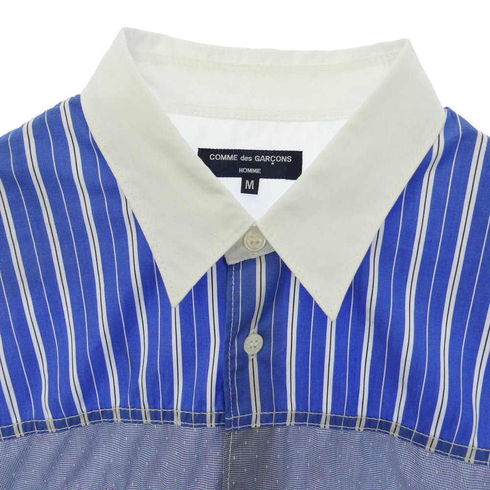 COMME des GARCONS HOMME コムデギャルソンオム 23AW HK-B023 パッチワーク切替 ストライプ ショートスリーブ コットン 半袖 シャツ ホワイト系 ブルー系 M【中古】