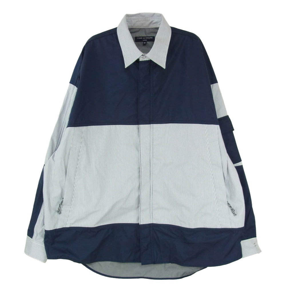 COMME des GARCONS HOMME コムデギャルソンオム 23AW HL-B007 ナイロン切替 フロントジップ スナップボタン ストライプ シャツ ジャケット ネイビー系 M【中古】