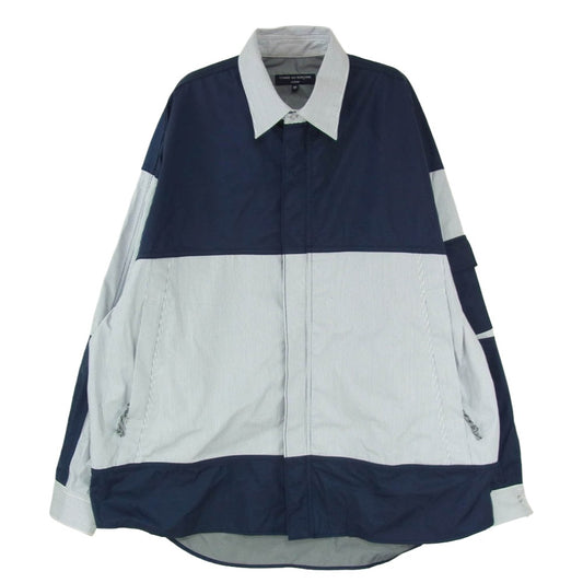 COMME des GARCONS HOMME コムデギャルソンオム 23AW HL-B007 ナイロン切替 フロントジップ スナップボタン ストライプ シャツ ジャケット ネイビー系 M【中古】