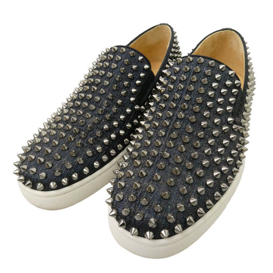 Christian Louboutin クリスチャンルブタン ROLLER BOAT FLAT CALF GLITTER GG ローラーボード スタッズ スリッポン スニーカー ダークネイビー系 シルバー系 42【中古】