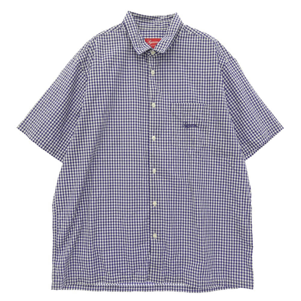 Supreme シュプリーム 21SS Gingham S/S Shirt スクリプトロゴ刺繍 ギンガムチェック 半袖 シャツ ブルー系 XL【中古】
