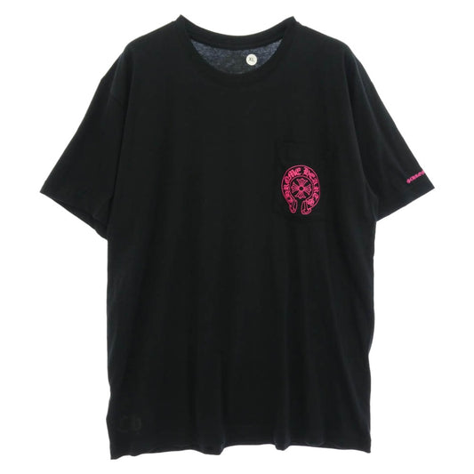 CHROME HEARTS クロムハーツ（原本無） PINK HORSESHOE S/S TEE ピンクホースシュープリント ポケット付き 半袖 Tシャツ クルーネック カットソー ブラック系 XL【中古】