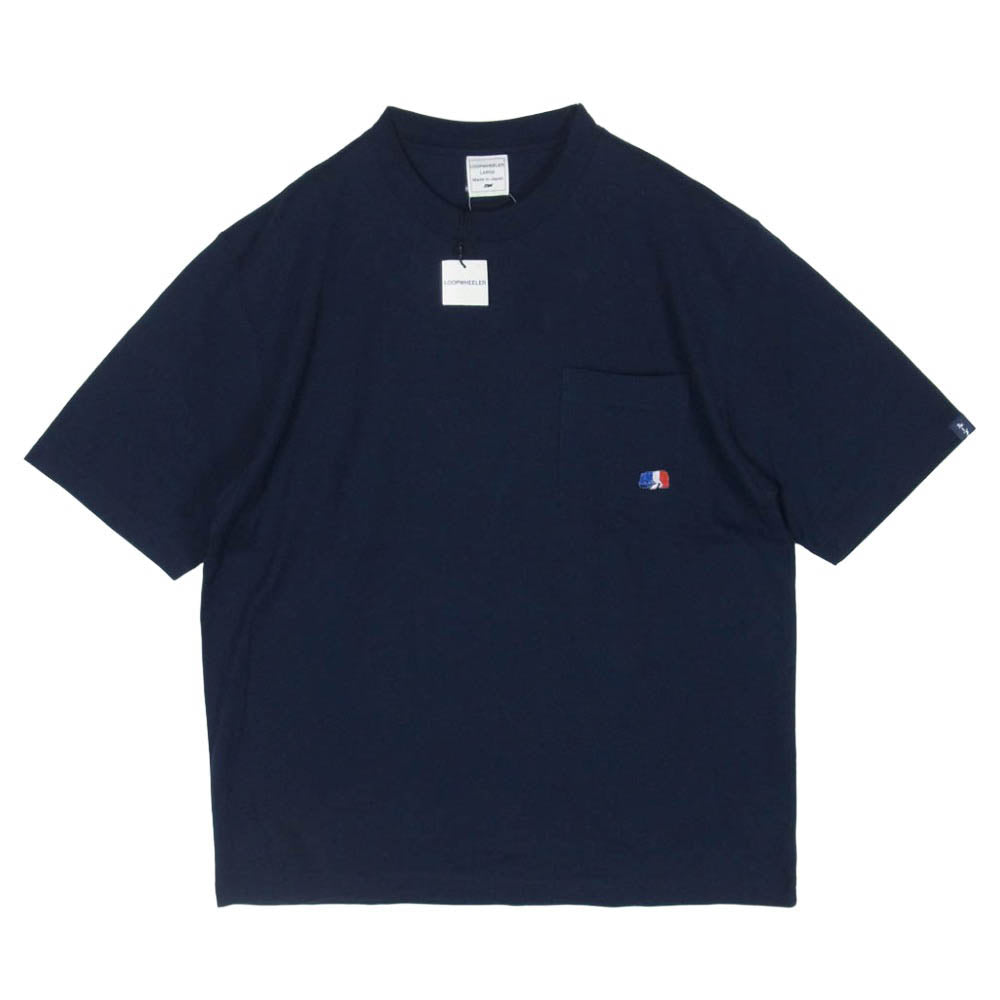 LOOPWHEELER ループウィラー トリコロールベア刺繍 ポケット付き 半袖 Tシャツ ネイビー系 L【美品】【中古】