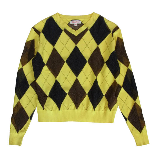 エムエーエスユー 25SS M25K6KN003 REVERSED ARGYLE SWEATER リバースド アーガイル セーター Vネック ニット イエロー系 48【中古】