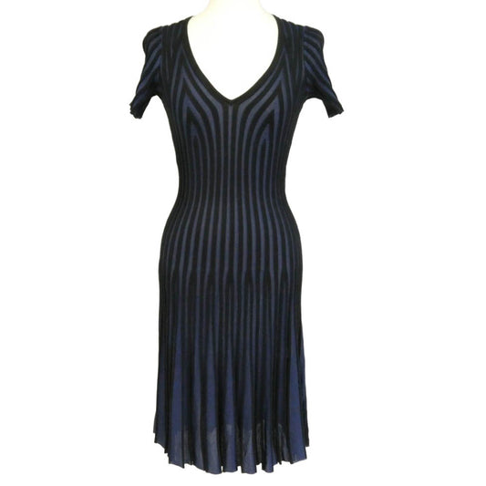 KENZO ケンゾー F852R0676824 vertical ridged v neck mini dress ストライプ Vネック リブニット ドレス ワンピース ブラック系 ネイビー系 XS【中古】