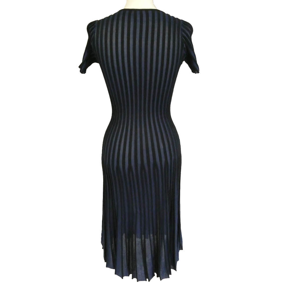 KENZO ケンゾー F852R0676824 vertical ridged v neck mini dress ストライプ Vネック リブニット ドレス ワンピース ブラック系 ネイビー系 XS【中古】