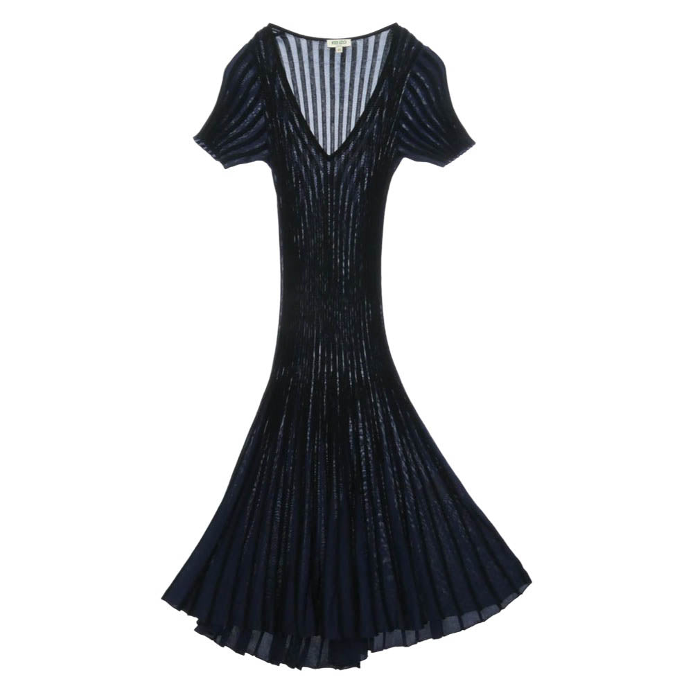 KENZO ケンゾー F852R0676824 vertical ridged v neck mini dress ストライプ Vネック リブニット ドレス ワンピース ブラック系 ネイビー系 XS【中古】