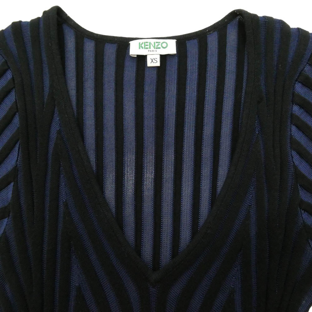 KENZO ケンゾー F852R0676824 vertical ridged v neck mini dress ストライプ Vネック リブニット ドレス ワンピース ブラック系 ネイビー系 XS【中古】