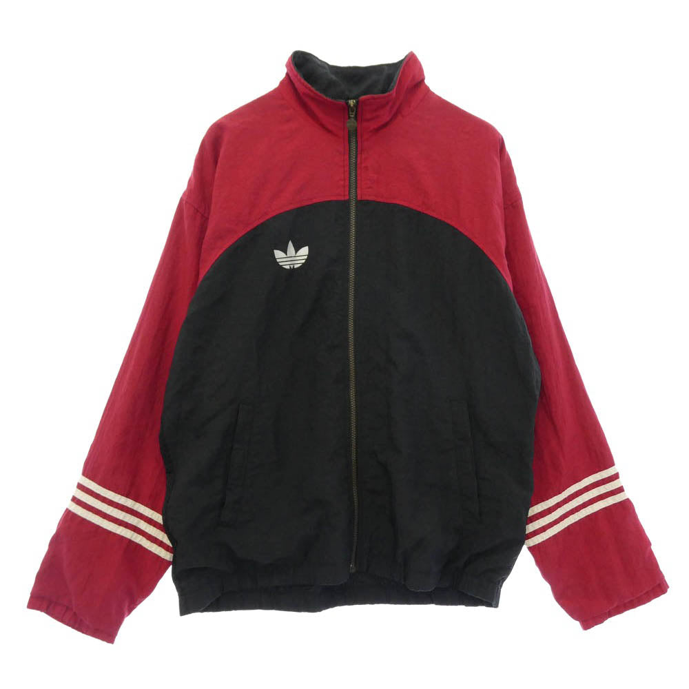 adidas アディダス 90s 万国旗タグ ロゴ ジップアップ ナイロンジャケット トラックジャケット ブラック系 レッド系 M【中古】
