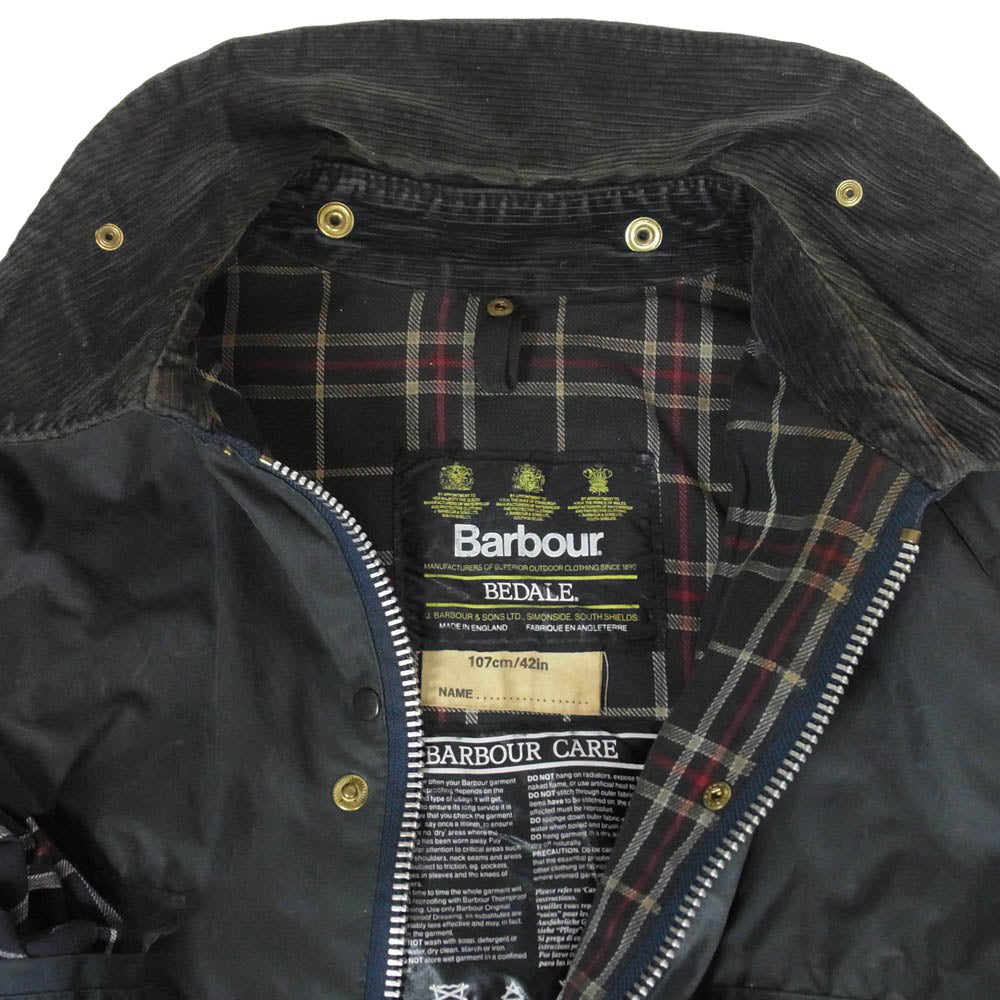 Barbour バブアー BEDALE ビデイル 3ワラント 裏地タータン チェック オイルド ジャケット ブラック系 42【中古】