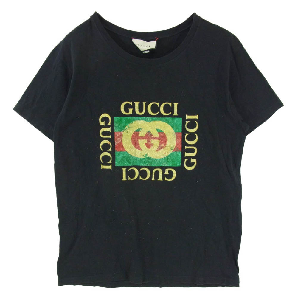GUCCI グッチ 17AW 493117 X3H07 Vintage Glitter Logo Print T-shirt ヴィンテージ グリッター ラメ ロゴ プリント 半袖 Tシャツ ブラック系 M【中古】