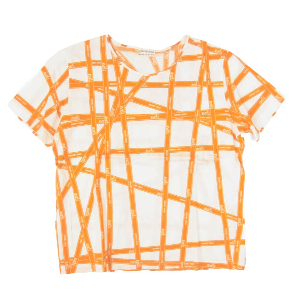 HERMES エルメス マルジェラ期 ボルデュック リボン 総柄 コットン 半袖 Tシャツ オレンジ系 ホワイト系 L【中古】