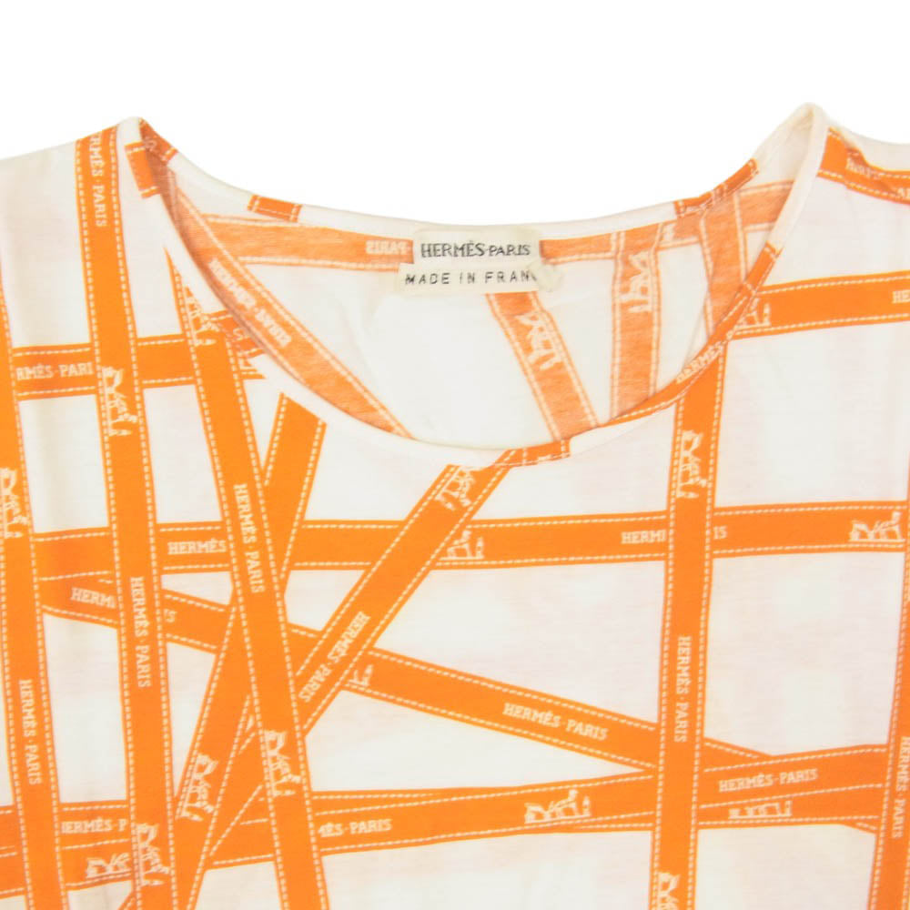 HERMES エルメス マルジェラ期 ボルデュック リボン 総柄 コットン 半袖 Tシャツ オレンジ系 ホワイト系 L【中古】