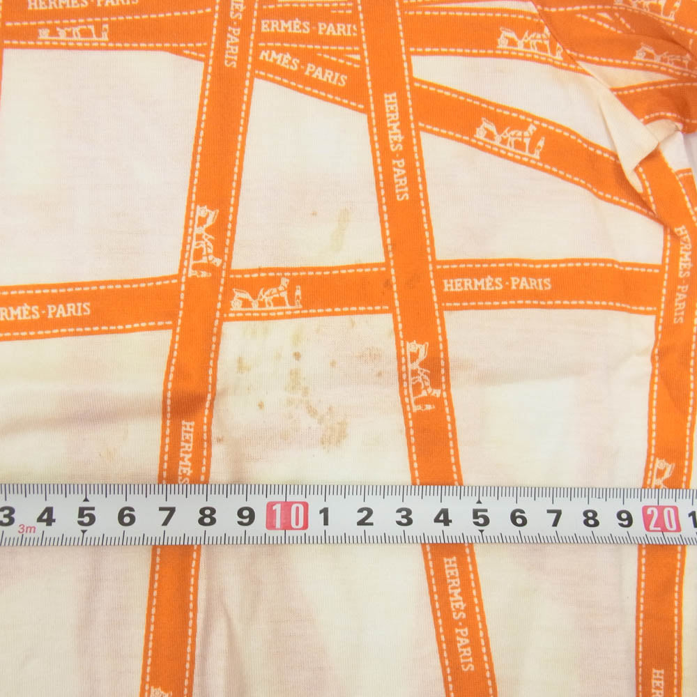 HERMES エルメス マルジェラ期 ボルデュック リボン 総柄 コットン 半袖 Tシャツ オレンジ系 ホワイト系 L【中古】