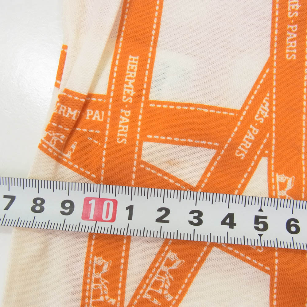 HERMES エルメス マルジェラ期 ボルデュック リボン 総柄 コットン 半袖 Tシャツ オレンジ系 ホワイト系 L【中古】