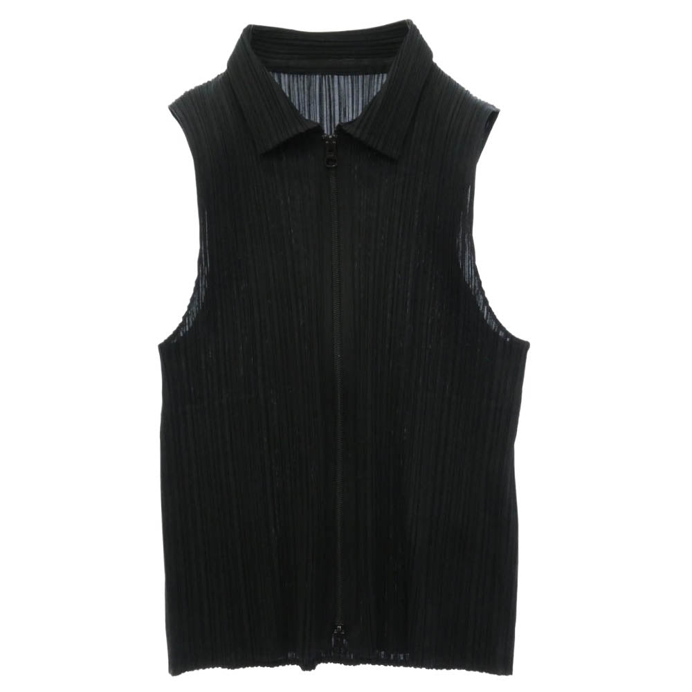 PLEATS PLEASE プリーツプリーズ イッセイミヤケ PP04-JE384 プリーツ加工 フルジップ 襟付き ベスト ジャケット ブラック系 3【中古】