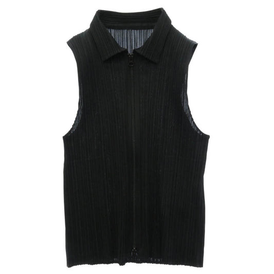 PLEATS PLEASE プリーツプリーズ イッセイミヤケ PP04-JE384 プリーツ加工 フルジップ 襟付き ベスト ジャケット ブラック系 3【中古】