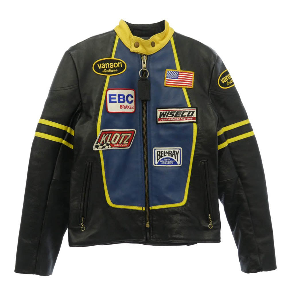 VANSON バンソン RJP ロゴ ワッペン ジップアップ シングル ライダース レザー ジャケット ブラック系 38【中古】
