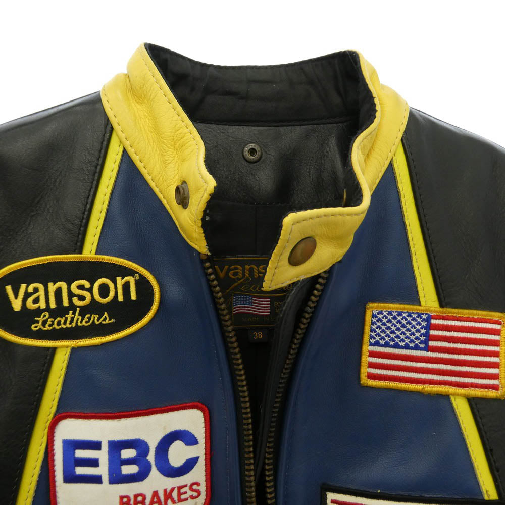 VANSON バンソン RJP ロゴ ワッペン ジップアップ シングル ライダース レザー ジャケット ブラック系 38【中古】