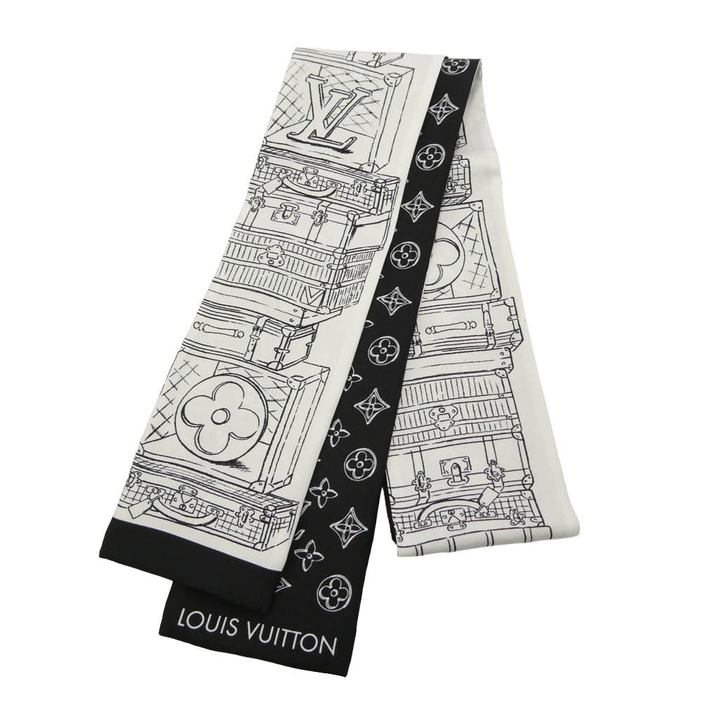 LOUIS VUITTON ルイ・ヴィトン M96507 バンドー･マイ LV ラゲージ シルク100％ モノグラム スカーフ ブラック系 ホワイト系【極上美品】【中古】