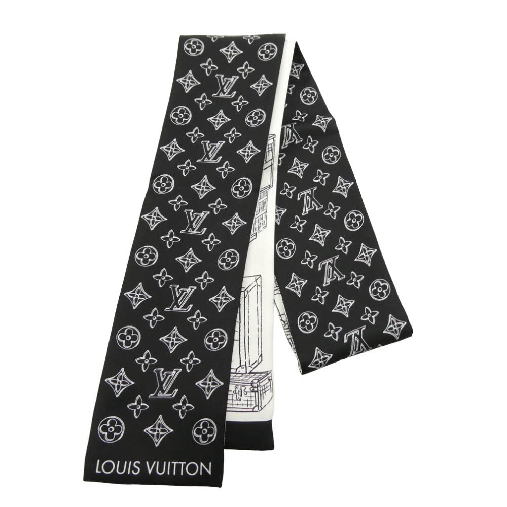 LOUIS VUITTON ルイ・ヴィトン M96507 バンドー･マイ LV ラゲージ シルク100％ モノグラム スカーフ ブラック系 ホワイト系【極上美品】【中古】