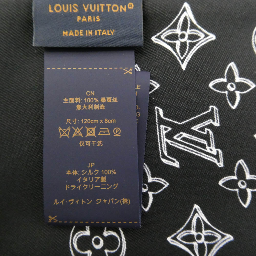 LOUIS VUITTON ルイ・ヴィトン M96507 バンドー･マイ LV ラゲージ シルク100％ モノグラム スカーフ ブラック系 ホワイト系【極上美品】【中古】