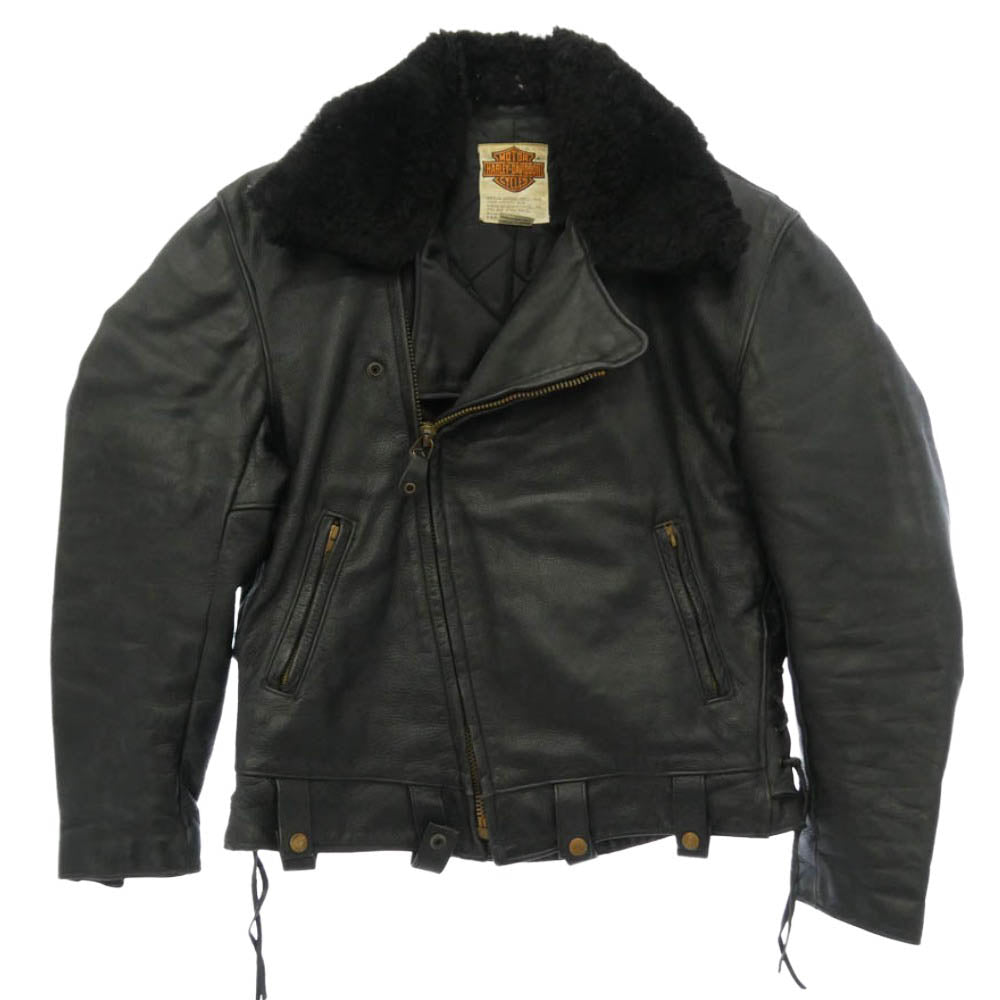 HARLEY DAVIDSON ハーレーダビッドソン USA製 80s SCOVILL ZIP バーアンドシールドタグ 襟ボア ダブルライダース レザー ジャケット ブラック系 44【中古】