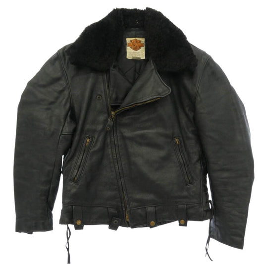 HARLEY DAVIDSON ハーレーダビッドソン USA製 80s SCOVILL ZIP バーアンドシールドタグ 襟ボア ダブルライダース レザー ジャケット ブラック系 44【中古】