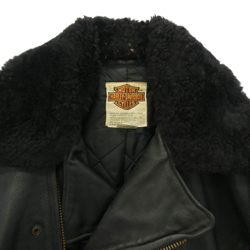 HARLEY DAVIDSON ハーレーダビッドソン USA製 80s SCOVILL ZIP バーアンドシールドタグ 襟ボア ダブルライダース レザー ジャケット ブラック系 44【中古】
