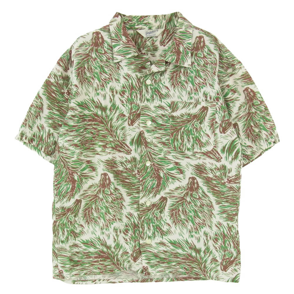 TENDERLOIN テンダーロイン T-RAYON SHT WOLF レーヨン 総柄 ウルフ 半袖 オープンカラー シャツ グリーン系 S【中古】