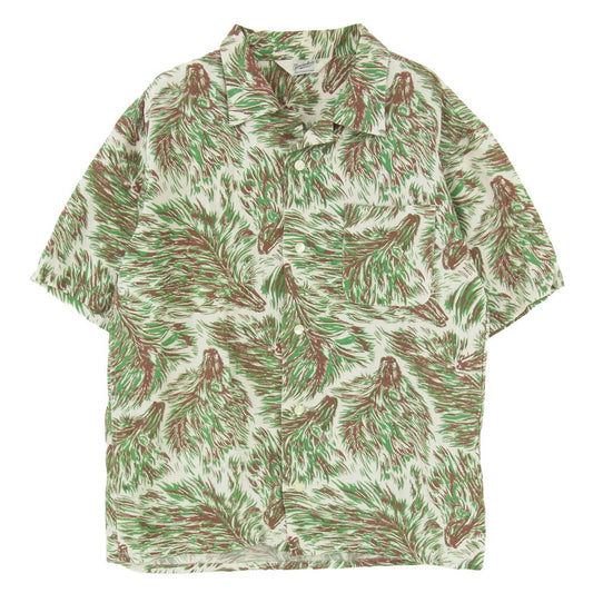 TENDERLOIN テンダーロイン T-RAYON SHT WOLF レーヨン 総柄 ウルフ 半袖 オープンカラー シャツ グリーン系 S【中古】