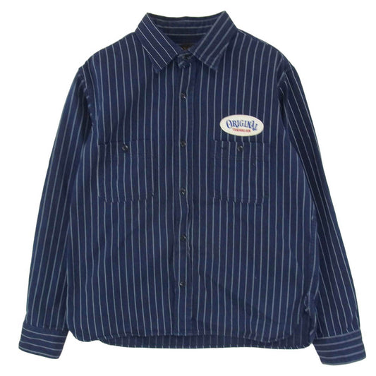 TENDERLOIN テンダーロイン T-G.S SHT SO ワッペン付 コットン ヘリンボーン ストライプ 長袖 ワークシャツ ネイビー系 S【中古】