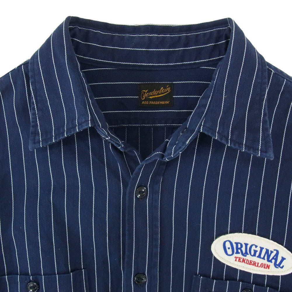 TENDERLOIN テンダーロイン T-G.S SHT SO ワッペン付 コットン ヘリンボーン ストライプ 長袖 ワークシャツ ネイビー系 S【中古】