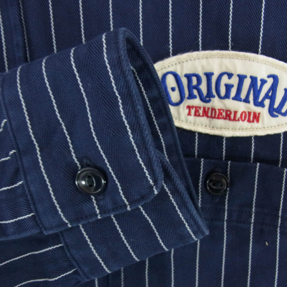 TENDERLOIN テンダーロイン T-G.S SHT SO ワッペン付 コットン ヘリンボーン ストライプ 長袖 ワークシャツ ネイビー系 S【中古】