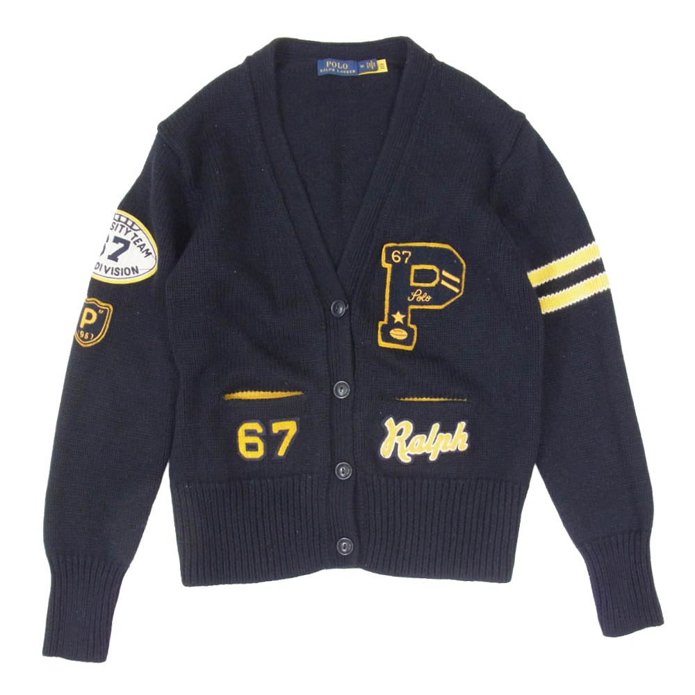 POLO RALPH LAUREN ポロ・ラルフローレン レタードニット ケーブル編み ワッペン カレッジ カーディガン ダークネイビー系 M【中古】