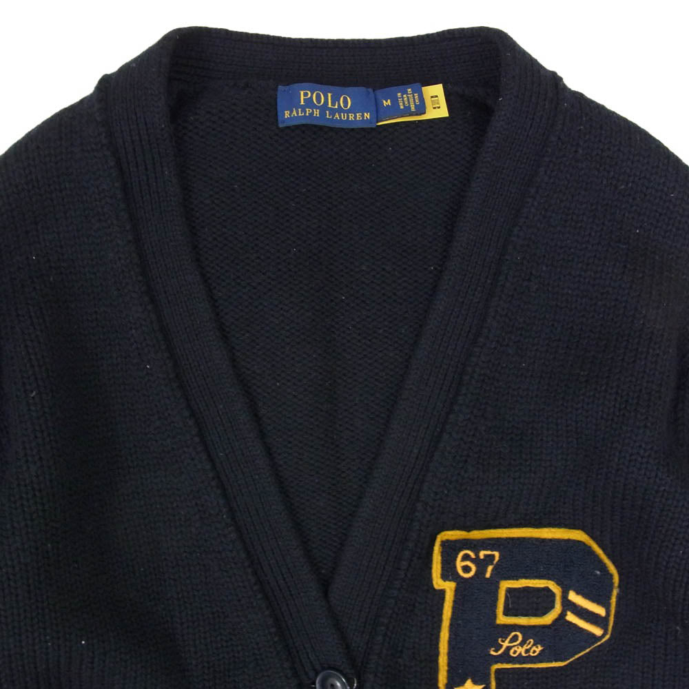 POLO RALPH LAUREN ポロ・ラルフローレン レタードニット ケーブル編み ワッペン カレッジ カーディガン ダークネイビー系 M【中古】