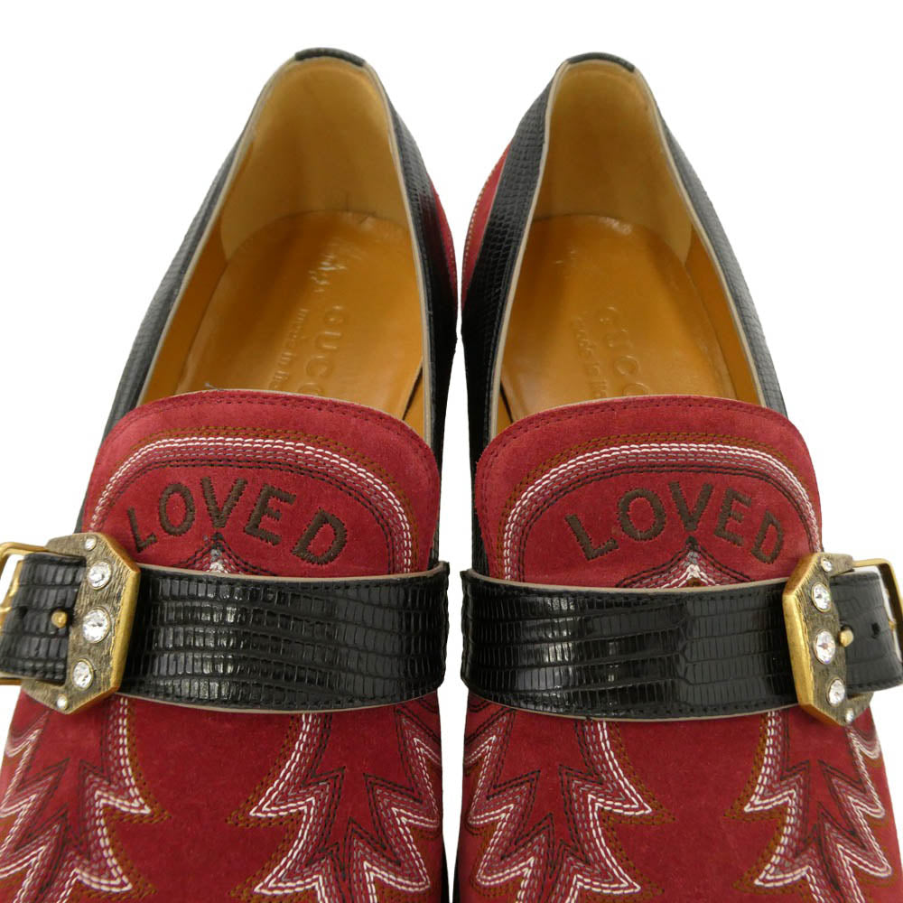 GUCCI グッチ 494658 LOVED スエード レザー シューズ レッド系 ブラック系 7【極上美品】【中古】