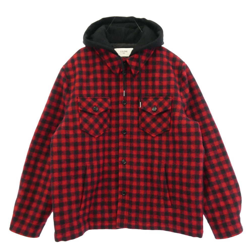 CELINE セリーヌ 2W68A0000.27NG ブロック チェック 中綿 CPO フーデッド シャツ ジャケット ブラック系 レッド系 54【中古】