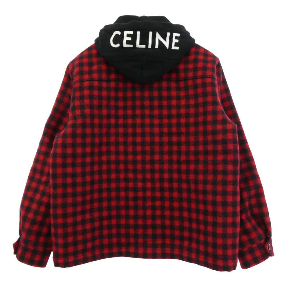 CELINE セリーヌ 2W68A0000.27NG ブロック チェック 中綿 CPO フーデッド シャツ ジャケット ブラック系 レッド系 54【中古】