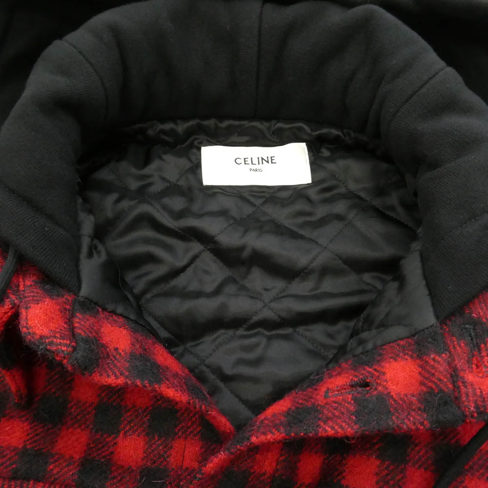 CELINE セリーヌ 2W68A0000.27NG ブロック チェック 中綿 CPO フーデッド シャツ ジャケット ブラック系 レッド系 54【中古】