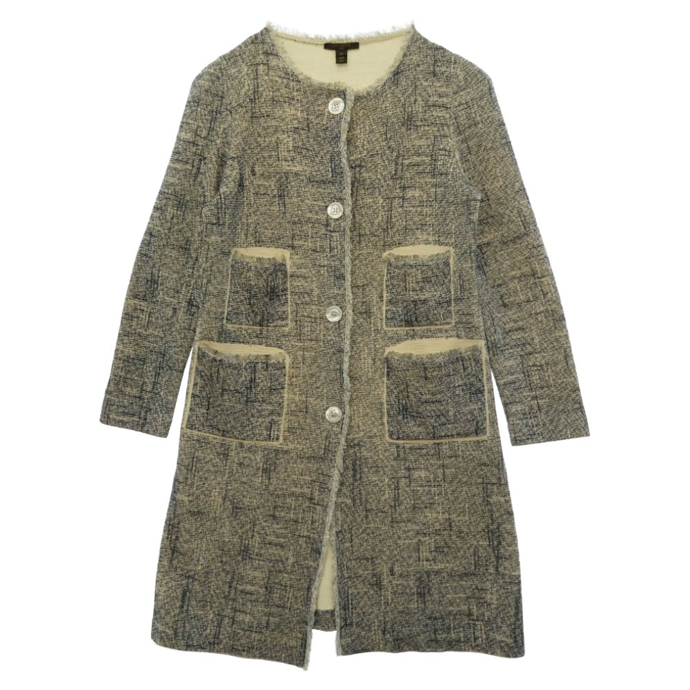 LOUIS VUITTON ルイ・ヴィトン シルク ツイード ノーカラー ロング コート ネイビー系 ベージュ系 M【中古】