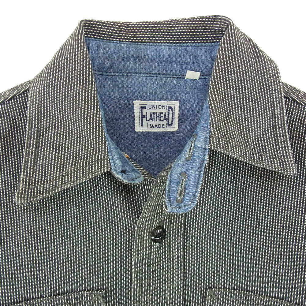 THE FLAT HEAD ザフラットヘッド ヒッコリーストライプ ワーク 長袖 シャツ ブラック系 34【美品】【中古】