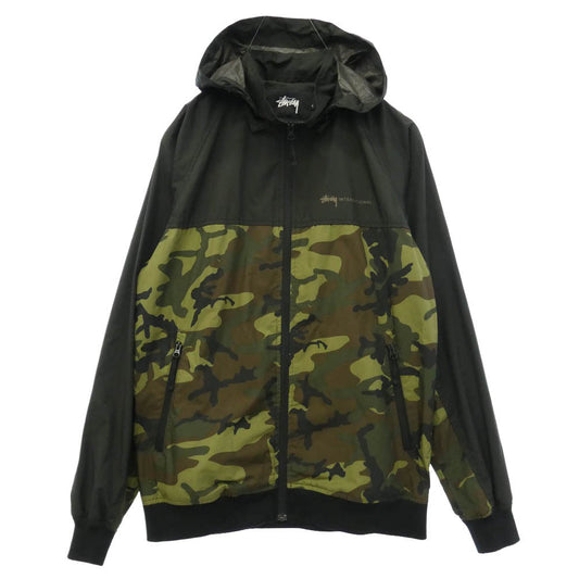 STUSSY ステューシー カモフラージュ 迷彩 柄 ロゴ プリント フード 着脱可 フーディ ナイロン ジャケット カーキ系 ブラック系 L【中古】