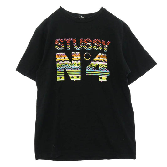 STUSSY ステューシー 90s OLD USA製 No.4 ラスタカラー ロゴ プリント Tシャツ 半袖 カットソー ブラック系 S【中古】