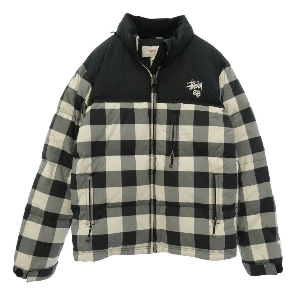 STUSSY ステューシー girls ガールズ ブロック チェック ロゴ 刺? ダウン ジャケット ブラック系 ホワイト系 S【中古】