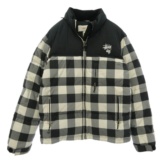 STUSSY ステューシー girls ガールズ ブロック チェック ロゴ 刺? ダウン ジャケット ブラック系 ホワイト系 S【中古】